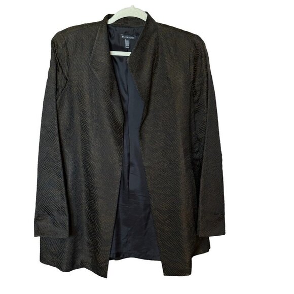 Eileen Fisher Dress Jacket Open Front Textured‎ Silk Blend Brown Black Sz M VTG - Picture 2 of 9